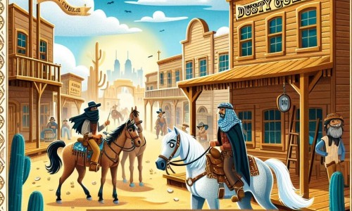 Une illustration destinée aux enfants représentant un courageux cow-boy à la recherche d'un trésor dans un mystérieux saloon du désert, accompagné de son fidèle cheval, Éclair, dans la petite ville poussiéreuse de Dusty Gulch, avec ses bâtiments en bois usés par le soleil et ses rues animées de cow-boys et de chevaux.