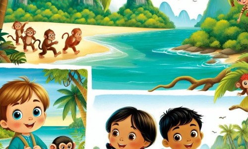 Une illustration destinée aux enfants représentant un petit garçon intrépide et curieux, accompagné de ses amis, une fille et un garçon, explorant une île tropicale luxuriante avec des palmiers, des singes espiègles et une mer turquoise scintillante.