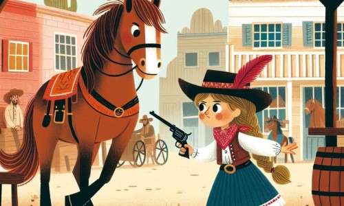 Une illustration destinée aux enfants représentant une jeune cow-girl au chapeau orné d'une plume rouge, bravant un étranger mystérieux dans un saloon animé du Far West, accompagnée de son fidèle Mustang, dans un village poussiéreux de l'Ouest sauvage des États-Unis.