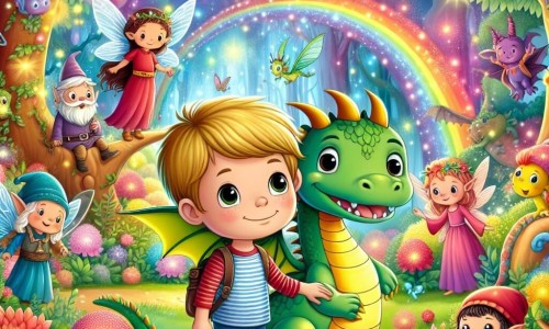 Une illustration destinée aux enfants représentant un jeune garçon souriant, entouré d'un dragon bienveillant, explorant un monde imaginaire rempli de couleurs vives et de créatures fantastiques, telles que des fées, des lutins et des animaux parlants, dans une forêt enchantée aux arbres majestueux et aux fleurs lumineuses.