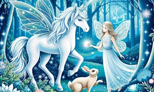 Une illustration destinée aux enfants représentant une licorne étincelante aidant un petit lapin perdu, accompagnée d'une fée brillante, dans une forêt enchantée aux arbres majestueux et aux fleurs chatoyantes.