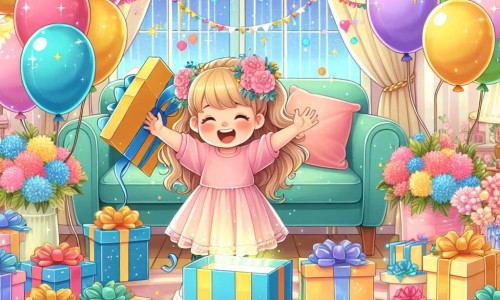 Une illustration destinée aux enfants représentant une petite fille joyeuse, entourée de ballons colorés et de guirlandes scintillantes, découvrant une grande boîte cadeau dans un salon décoré avec des fleurs et des guirlandes, pour célébrer son anniversaire.