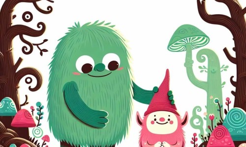 Une illustration destinée aux enfants représentant un monstre vert et gentil, une petite créature rose et poilue, dans la forêt des farfadets aux arbres tordus et aux champignons lumineux.