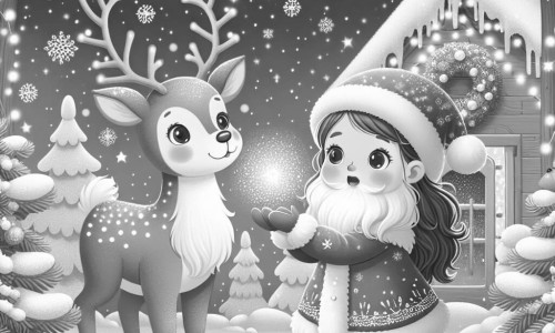 Une illustration destinée aux enfants représentant une petite fille émerveillée par sa rencontre avec un renne magique, dans la maison scintillante du Père Noël, entourée de sapins enneigés et de lumières étincelantes.