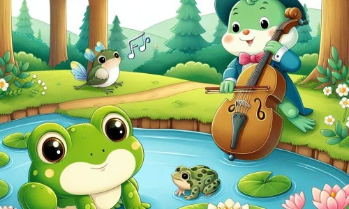 Une illustration destinée aux enfants représentant une charmante grenouille curieuse, évoluant dans une magnifique mare au cœur d'une forêt enchantée, où elle fait la rencontre d'un élégant crapaud musicien.