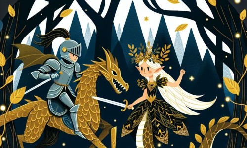 Une illustration destinée aux enfants représentant un jeune chevalier courageux affrontant un dragon redoutable, accompagné d'un elfe majestueux vêtu de feuilles d'or, dans une sombre forêt enchantée aux arbres murmurs et lumières mystérieuses dansantes.