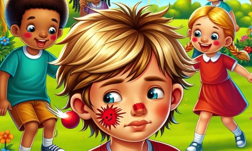 Une illustration destinée aux enfants représentant un petit garçon aux cheveux blonds ébouriffés, se retrouvant avec une marque rouge en forme de clown sur la joue après avoir reçu une balle en plein visage, accompagné de ses amis, dans un parc ensoleillé rempli d'arbres verdoyants et de fleurs colorées.