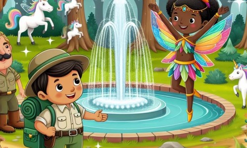 Une illustration destinée aux enfants représentant un explorateur courageux (garçon) se tenant devant une fontaine scintillante, accompagné d'une fée bienveillante (fille) aux plumes multicolores, dans une clairière enchantée remplie d'arbres qui chantent et de licornes dansantes.