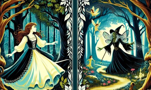 Une illustration destinée aux enfants représentant une jeune femme au cœur pur affrontant une sorcière maléfique pour sauver une fée emprisonnée dans une forêt enchantée aux arbres centenaires aux feuillages chatoyants et aux fleurs lumineuses.