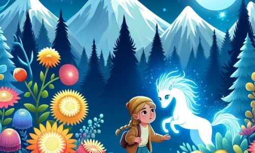 Une illustration destinée aux enfants représentant une jeune fille curieuse découvrant une créature lumineuse dans une forêt enchantée, entourée de montagnes aux sommets enneigés et de fleurs aux couleurs chatoyantes.