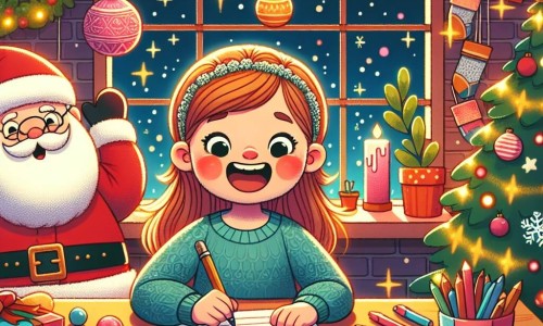 Une illustration destinée aux enfants représentant une jeune fille, pleine d'excitation, écrivant une lettre au Père Noël près de son bureau, entourée de lumières étincelantes et de décorations colorées, dans une chambre chaleureuse et festive.