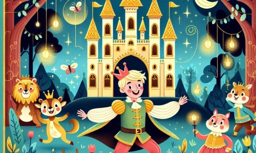 Une illustration destinée aux enfants représentant un prince farceur, entouré d'animaux rigolos, dans un magnifique château situé au cœur d'une forêt enchantée, illuminée par les lumières des lucioles.
