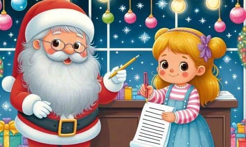 Une illustration destinée aux enfants représentant une petite fille excitée écrivant sa lettre au Père Noël, accompagnée d'une vendeuse bienveillante aux cheveux argentés, dans une boutique de jouets étincelante décorée de guirlandes scintillantes et de boules colorées.