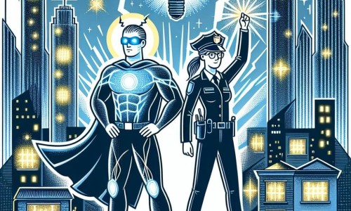 Une illustration destinée aux enfants représentant un homme doté de pouvoirs électriques, se tenant aux côtés d'une courageuse policière, combattant le crime et protégeant une ville scintillante aux gratte-ciels étincelants, où la lumière électrique illumine chaque ruelle sombre.