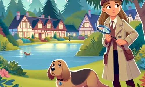 Une illustration destinée aux enfants représentant une jeune fille curieuse résolvant un mystère avec l'aide de son fidèle chien, dans le pittoresque village de Champvert, entre étang scintillant et forêt mystérieuse.
