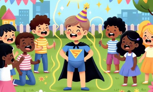 Une illustration destinée aux enfants représentant un petit garçon vêtu d'un costume de super-héros, vivant une journée magique d'anniversaire entouré de ses amis, dans un jardin en fleurs sous un ciel ensoleillé.
