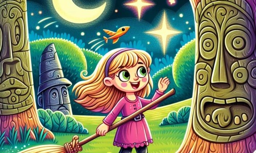 Une illustration destinée aux enfants représentant une fillette pleine d'enthousiasme se tenant aux côtés d'un balai volant enchanté, dans une clairière mystérieuse entourée d'arbres aux visages sculptés parlants, éclairée par des étoiles scintillantes, où se déroule une aventure fantastique et colorée.