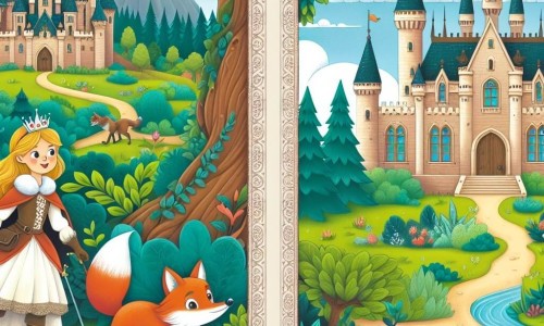 Une illustration destinée aux enfants représentant une princesse courageuse se lançant dans une quête mystérieuse, accompagnée d'un renard malicieux, à travers un château majestueux entouré de jardins luxuriants et de bois enchantés.