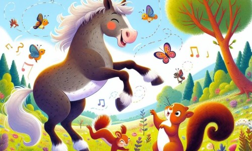 Une illustration destinée aux enfants représentant un cheval malicieux faisant des farces à un écureuil joyeux dans une prairie enchantée aux couleurs vives et aux fleurs dansantes.