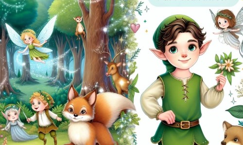 Une illustration destinée aux enfants représentant une jeune elfe des bois, un garçon curieux et une forêt enchantée remplie d'arbres majestueux, de fleurs chatoyantes et d'animaux malicieux.
