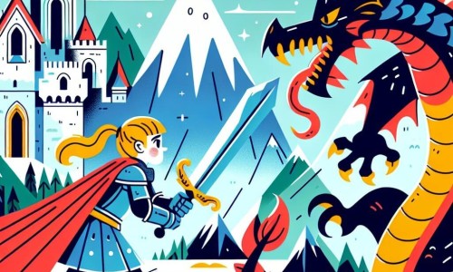Une illustration destinée aux enfants représentant une jeune chevalière courageuse affrontant un dragon terrifiant dans une montagne aux sommets enneigés, avec en soutien un roi bienveillant observant la scène depuis son château majestueux.
