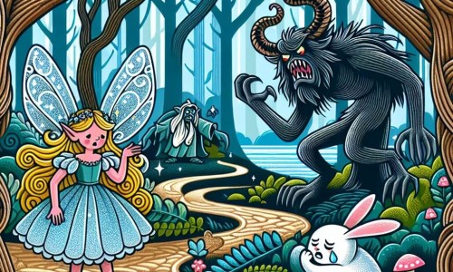 Une illustration destinée aux enfants représentant une fée aux ailes scintillantes, une créature maléfique menaçant la forêt, un lapin blanc pleurant, dans une forêt enchantée avec des arbres tordus et des chemins sinueux.