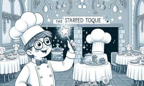 Une illustration destinée aux enfants représentant un jeune chef cuisinier en herbe, remportant un concours de cuisine et vivant une journée magique à 
