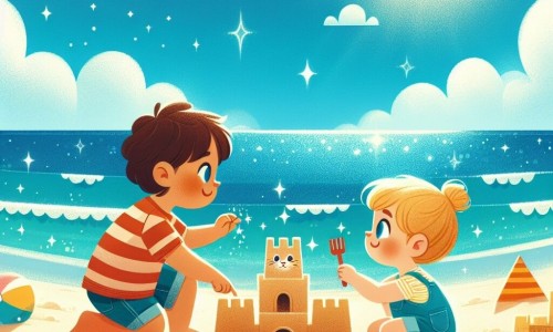 Une illustration destinée aux enfants représentant un petit garçon curieux en vacances d'été, explorant la plage avec son nouveau copain Léo, entourés de châteaux de sable et de vagues scintillantes sous un ciel bleu azur.