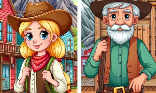 Une illustration destinée aux enfants représentant une courageuse cow-girl blonde, une vieille homme sage, un village pittoresque de l'Ouest américain avec des maisons en bois colorées et des montagnes en arrière-plan.