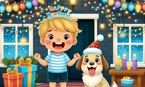 Une illustration destinée aux enfants représentant un petit garçon excité, une soirée de réveillon festive, son fidèle chien Max, dans une maison chaleureuse décorée de guirlandes lumineuses et de confettis colorés.