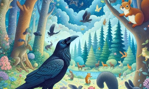 Une illustration destinée aux enfants représentant un mystérieux corbeau solitaire, observant avec curiosité la nature qui s'éveille au printemps, accompagné d'un écureuil malicieux, dans une forêt enchantée où les arbres bourgeonnent, les fleurs éclatent de couleurs et les animaux dansent sous un ciel azuré.