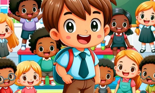 Une illustration destinée aux enfants représentant un petit garçon tout sourire, entouré de ses amis et de sa maîtresse, dans une école maternelle colorée avec des livres et des jouets éparpillés.