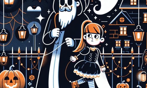 Une illustration destinée aux enfants représentant une jeune fille déguisée en fantôme, explorant une maison hantée avec un mystérieux gardien, dans un quartier sombre et décoré pour Halloween, avec des citrouilles illuminées et des toiles d'araignée suspendues.