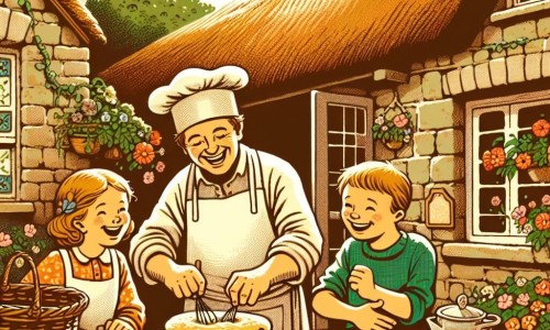 Une illustration destinée aux enfants représentant un boulanger joyeux préparant des gâteaux avec un garçon et une fille curieux, dans une boulangerie pittoresque aux murs de pierre, aux fenêtres fleuries et au toit de chaume, baignée par la lumière chaleureuse du soleil.