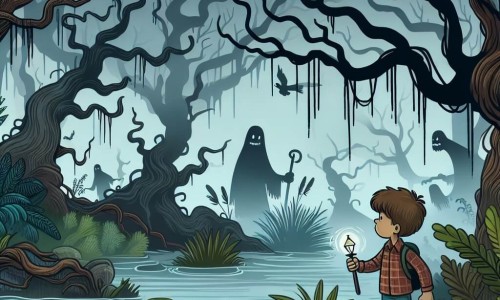 Une illustration destinée aux enfants représentant un jeune garçon courageux explorant des marais lugubres hantés par des esprits malveillants, accompagné d'une ombre mystérieuse, dans une forêt sombre et brumeuse aux arbres tordus et aux eaux sombres.