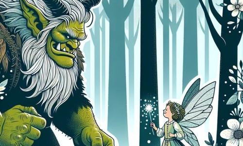 Une illustration destinée aux enfants représentant un ogre effrayant rencontrant une petite fée courageuse, entourés de la forêt enchantée aux arbres majestueux et aux fleurs lumineuses.