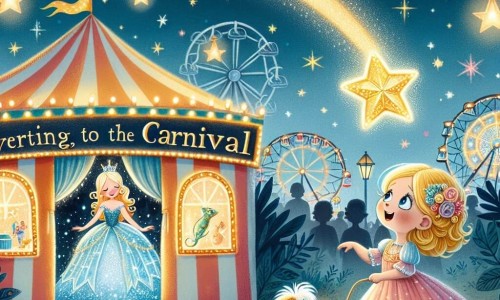 Une illustration destinée aux enfants représentant une fillette émerveillée par le carnaval, suivant une étoile filante avec son fidèle chien, jusqu'à un mystérieux chapiteau aux lumières scintillantes, où elle découvre un costume de sirène magique.