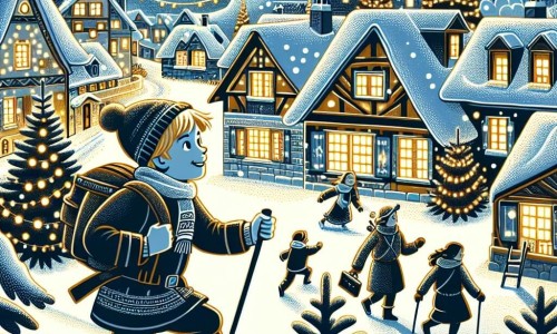 Une illustration destinée aux enfants représentant un jeune garçon, entouré de sa famille, vivant des aventures enchantées dans un village enneigé, illuminé par les lumières scintillantes des maisons et des sapins de Noël.