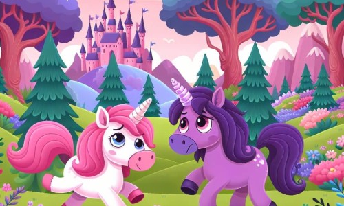Une illustration destinée aux enfants représentant une licorne rose, maladroite et joyeuse, se retrouvant nez à nez avec une licorne violette aux yeux tristes, dans une vallée enchantée remplie de fleurs multicolores et d'arbres majestueux.