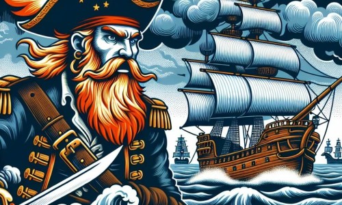 Une illustration destinée aux enfants représentant un courageux pirate à la barbe flamboyante se battant contre un ennemi redoutable sur un navire majestueux voguant à travers des vagues agitées et des nuages menaçants.