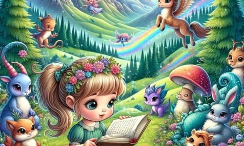 Une illustration destinée aux enfants représentant une petite fille curieuse, plongée dans un livre magique, accompagnée de créatures fantastiques, dans un monde enchanteur rempli de prairies verdoyantes, d'arbres majestueux et de montagnes majestueuses.