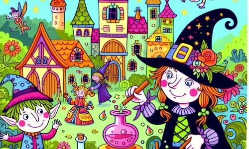 Une illustration destinée aux enfants représentant une sorcière farfelue concoctant des potions loufoques avec l'aide d'un lutin espiègle dans un village enchanté nommé Fleurdelune, où tout est magique et coloré.