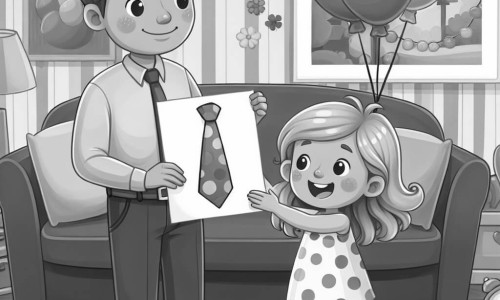Une illustration destinée aux enfants représentant une petite fille joyeuse offrant un dessin et une cravate à pois multicolores à son papa, dans un salon lumineux décoré de ballons et de guirlandes pour la Fête des Pères.