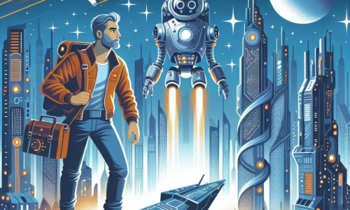 Une illustration destinée aux enfants représentant un homme intrépide, explorant un vaisseau spatial futuriste aux côtés d'un robot compagnon, survolant une ville ultramoderne avec des gratte-ciel étincelants et des lumières éclatantes.