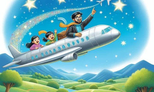 Une illustration destinée aux enfants représentant un homme passionné par les avions vivant une aventure magique avec des enfants à bord d'un avion argenté, survolant des collines verdoyantes et un ciel bleu parsemé d'étoiles scintillantes.