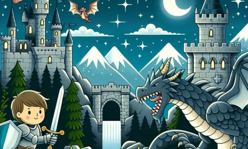 Une illustration destinée aux enfants représentant un chevalier courageux affrontant un dragon redoutable dans un château majestueux aux tours pointues et aux remparts de pierre, sous un ciel étoilé scintillant.