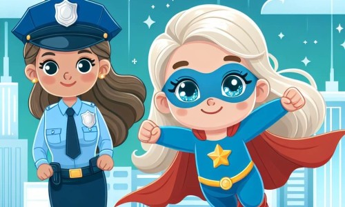 Une illustration destinée aux enfants représentant une super-héroïne aux cheveux blonds et aux yeux étincelants, volant dans les airs au-dessus d'une ville lumineuse et futuriste, accompagnée d'une courageuse policière en uniforme bleu, dans la ville de Brillonia.