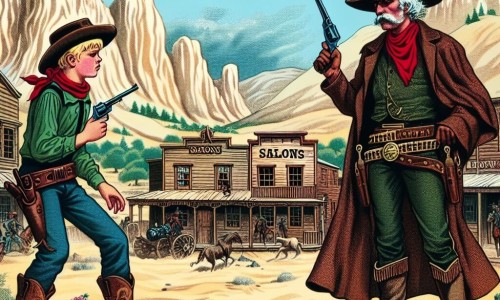 Une illustration destinée aux enfants représentant un jeune cow-boy courageux, un bandit redoutable, et la ville de Dry Gulch, avec ses saloons poussiéreux et ses collines escarpées de l'Ouest américain.