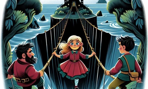 Une illustration destinée aux enfants représentant une courageuse petite fille, accompagnée de deux garçons malins et ingénieux, traversant un pont suspendu au-dessus d'un gouffre profond, sur l'Île aux Mystères, une île sombre et mystérieuse entourée d'une mer agitée.