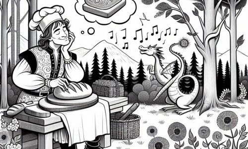 Une illustration destinée aux enfants représentant un boulanger rêveur, un dragon amical, une forêt enchantée où les arbres chantent et les fleurs dansent.